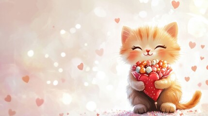 A cheerful cartoon kitten hugging a Valentine candy bouquet, surrounded by tiny sparkles, on white