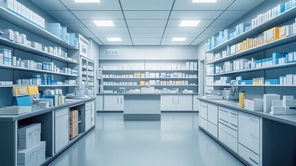 Modern pharmacy interior with shelves stocked with medicine.