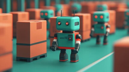 Fototapeta premium technology robotics trends concept. Robots working in a warehouse among stacked boxes and crates.