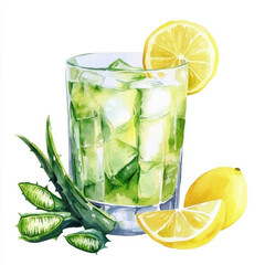 Fototapeta premium refreshing glass of aloe vera juice with lemon slices, perfect for summer. Enjoy vibrant colors and healthy ingredients