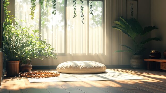 Sunlit zen room with meditation cushion, plants, and wooden floor.
