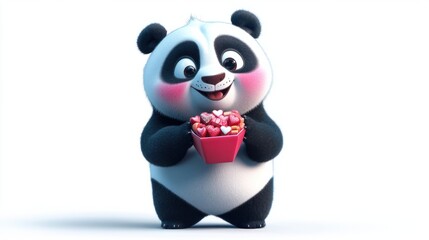 Fototapeta premium A cute cartoon panda holding a small gift box filled with Valentine sweets, smiling brightly, on a white background