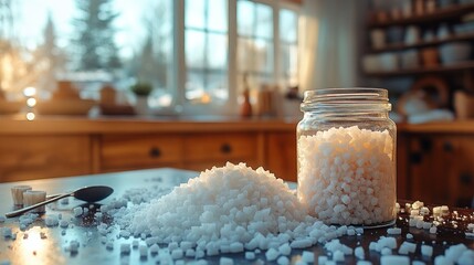 White crystals spilled from glass jar on kitchen counter.