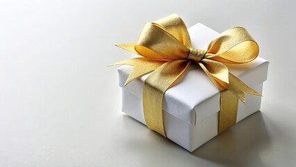 Obraz premium Decorative white ribbon wrapped around a plain paper gift box with a shiny golden bow at the top, packaging