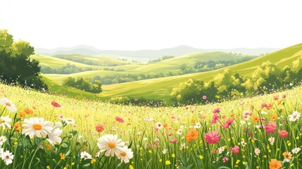 Obraz premium Vibrant wildflowers bloom in a picturesque rolling hillside meadow.