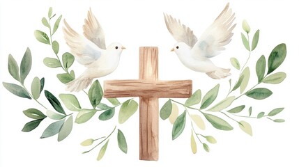 Peaceful doves and cross with greenery - symbol of faith and harmony