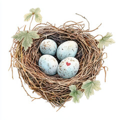 Obraz premium beautiful lovebirds nest with four speckled eggs and green leaves, symbolizing new beginnings and love