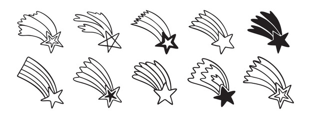 falling stars doodle hand drawn icon set. Outline drawing making a wish falling star line clipart symbol collection