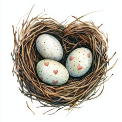 Obraz premium lovebirds nest with three heart decorated eggs symbolizes affection and care. Perfect for Valentine Day