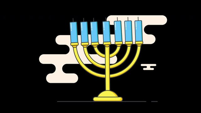 A stylized menorah with blue candles against a minimalist background.