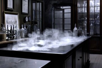 Mysterious lab, steam, experiment, dark interior, research