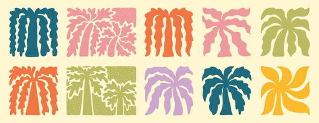 abstract boho palm tree tropical art set. retro groovy wavy summer palms. vector square tropical icons in hand drawn style for logo, print, poster, social media © Yanka