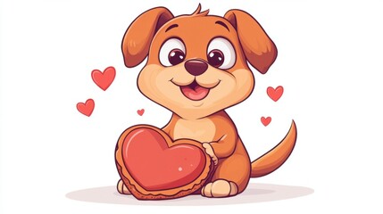 Fototapeta premium A playful cartoon dog sitting with a heart-shaped cookie and looking excited, perfect for Valentine Day designs, on white