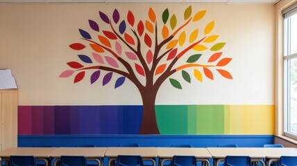 Creative tree mural art in classroom educational space wall decoration colorful environment inspiring viewpoint