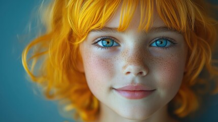 Fototapeta premium the girl in the yellow wig funny kid with a curly orange wig perfect for a summertime outing a joyful girl s face full of smiles and good vibe