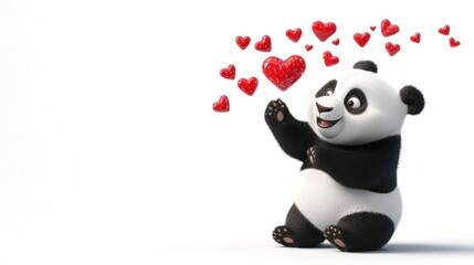 Fototapeta premium A playful cartoon panda tossing heart-shaped candies into the air with a cheerful expression, perfect for Valentine Day, on white