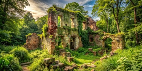 Fototapeta premium Ancient ruin with crumbling stone structure and overgrown vegetation, wilderness