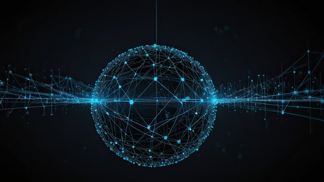 A digital globe formed by a network of interconnected nodes and lines symbolizes the advanced technology and global connectivity in the digital age