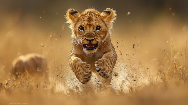 the lion runs after its prey wild africa serengeti national park in tanzani
