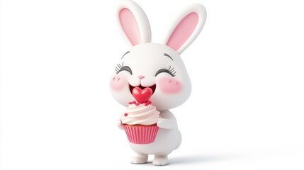 Obraz premium A playful cartoon rabbit holding a cupcake topped with a heart, smiling brightly, isolated on a clean white background