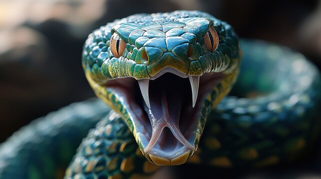 the original sin close up of a green snake with open mouth and sharp teeth