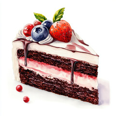 Delicious slice of chocolate cake topped with fresh berries and cream