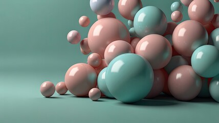 A collection of pastel spheres in pink and turquoise clusters on a smooth turquoise backdrop creating an artistic and contemporary visual composition