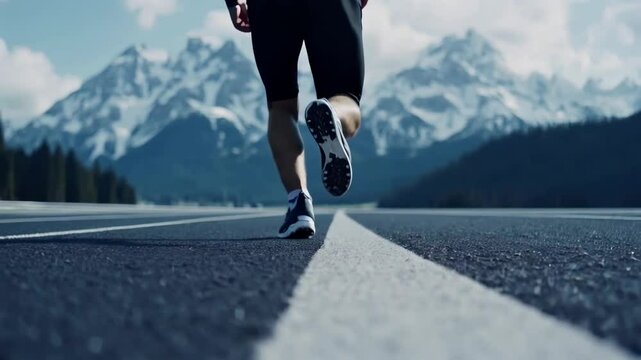 Runner in athletic gear jogging along road with mountains in background showcases determination and fitness, embracing adventure of outdoor nature and freedom of fitness.