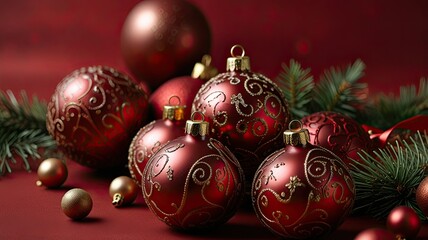 A collection of red Christmas ornaments features intricate designs and is complemented by pine branches creating a warm holiday atmosphere