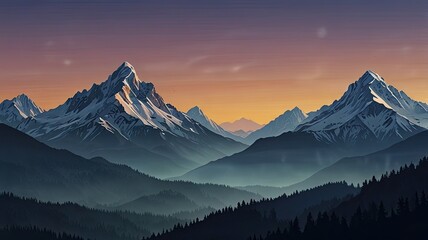 Obraz premium Snow capped peaks tower above a valley bathed in warm sunset hues while shadows deepen in the surrounding forest and mountains