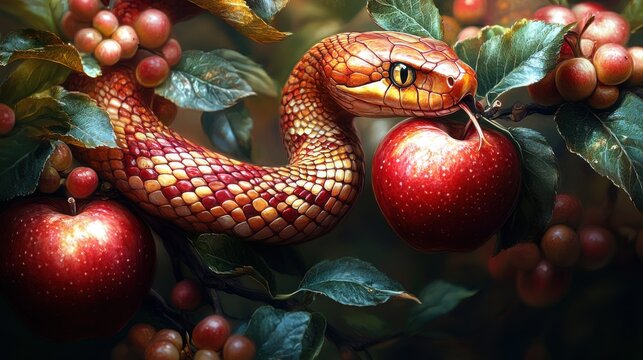 the original sin the forbidden fruit red snake with apples on a tree