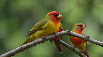 Obraz premium Two vibrant songbirds sit on a slender branch surrounded by lush greenery showcasing their bright plumage in the warm sunlight of the day