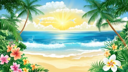 Tropical beach sunrise, ocean view, palm trees, flowers, vacation postcard