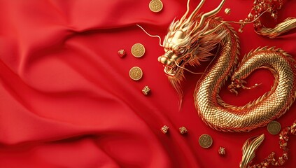 Obraz premium Golden Dragon Symbolism: Wealth, Prosperity, and Luck on Red Fabric