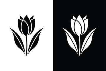 Tulip Silhouette Flat Icons. Elegant Vector Flowers on White & Black Backgrounds
