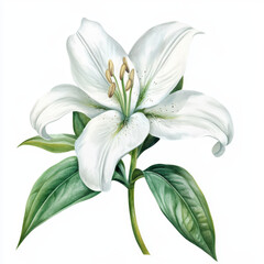 Obraz premium beautiful white lily flower with green leaves, symbolizing purity and elegance
