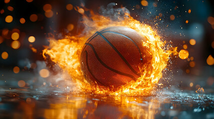Flaming basketball court action shot