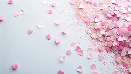 Pastel pink heart-shaped confetti scattered on a white background, with subtle glitter effect, creating a playful and whimsical atmosphere, whimsical, heart shape