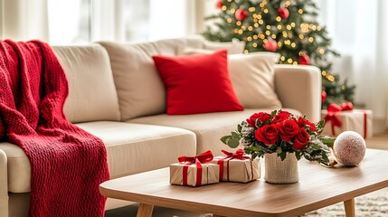 Cozy and Bright Living Room Featuring a Soft Beige Sofa with Holiday Decorations, Red Accents, and a Beautiful Christmas Tree in the Background