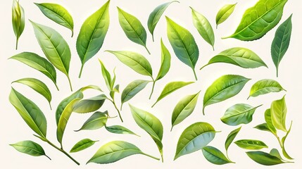 Freshly harvested green tea leaves arranged on a clean white surface, showcasing their vibrant color and intricate textures, emphasizing their natural beauty and freshness.