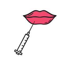 Lips and syringe doodle hand drawn icon. Outline drawing beauty lip augmentation procedure line clipart symbol