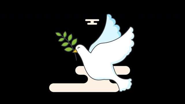 A white dove carrying an olive branch, symbolizing peace, set against a dark background.