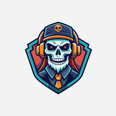 Skull with headset vector illustration. Head of character in headphones Isolated vector illustration