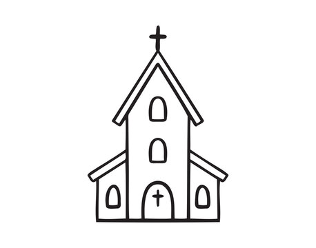 Christian building church catholic doodle hand drawn icon. Outline drawing Christian building catholic church line clipart symbol