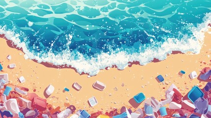 Obraz premium Ocean Pollution Crisis Coastal Beach Littered with Plastic Waste Environmental Disaster