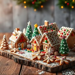 Festive gingerbread village on wooden board. (1)