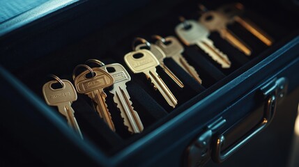 Keys organized in a metal case.