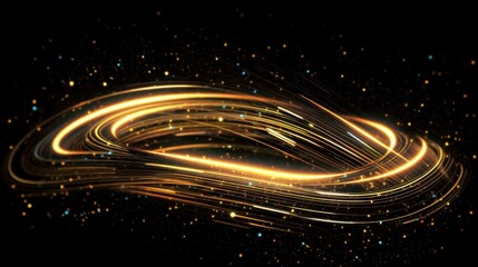 Vibrant Neon Gold Light Trails, dynamic curves of luminous yellow gold weave against a deep black backdrop, creating a mesmerizing display of flowing energy and artistic expression