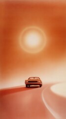 Innovative fuel-saving technology advertisement open road automotive visuals desert environment rear view eco-friendly concept