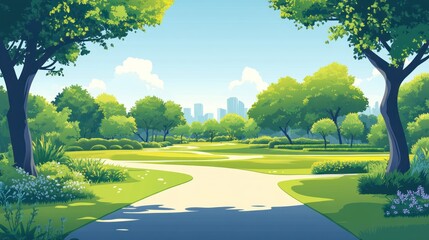 Sunny park path, green trees, city skyline. (1)